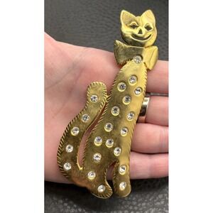 Vintage 80s HUGE 4" Ultra Craft Cat With Bow Tie Rhinestone Brooch Pin Gold Tone